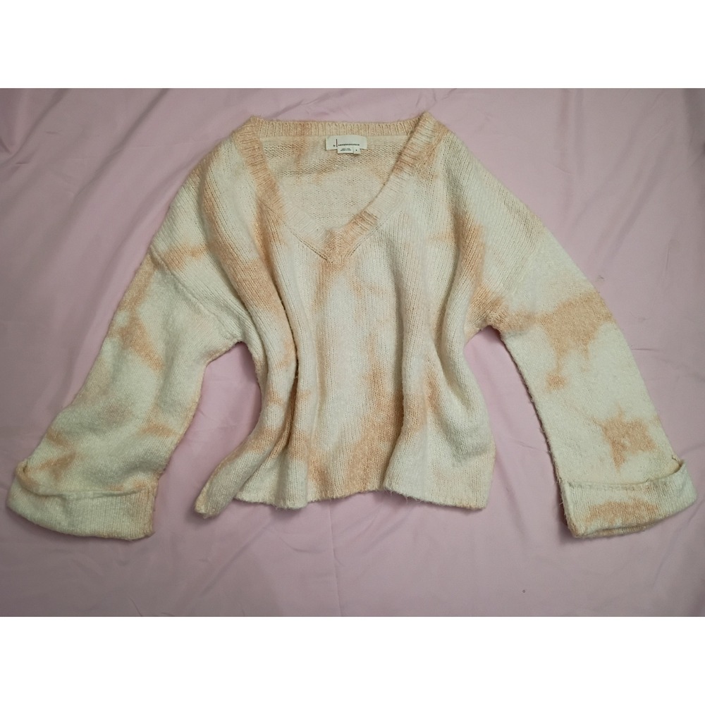 Anthropologie Peach Cream Tie Dye V-Neck Fuzzy Knit Sweater Small Chunky